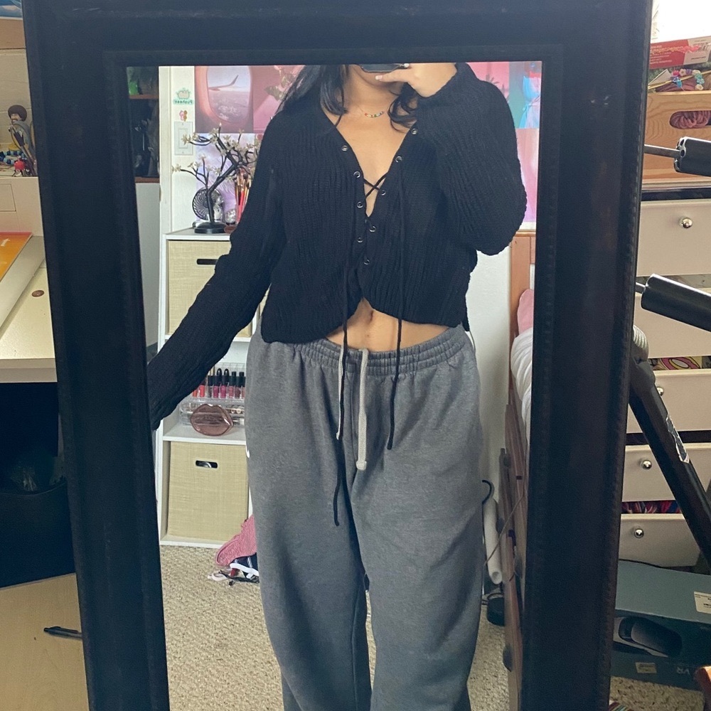 Black knit tie up sweater